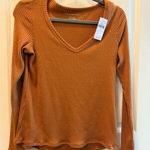 American Eagle Outfitters Women's Burnt Orange Ribbed Long Sleeve Top